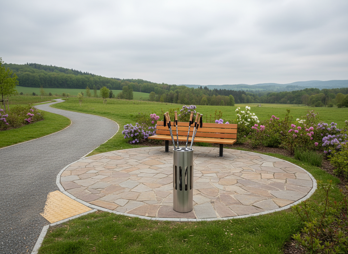 A circular stone resting area beside a wide, gently curving park path, featuring a low, smooth wooden bench and a central metal walking pole rack with several walking poles neatly placed. The surrounding landscape includes soft, rolling grass, a few flowering shrubs, and a distant view of hills. Overcast, diffused daylight creates even, gentle lighting with minimal shadows, emphasizing calm and clarity. Photographic realism at eye level, with the bench and pole rack centered and the path leading off in two directions. A nearby tactile paving strip and a subtle ramp indicate accessibility. The atmosphere feels reassuring and professional, as if this space is designed for thoughtful pauses and supportive walking sessions during big life changes.